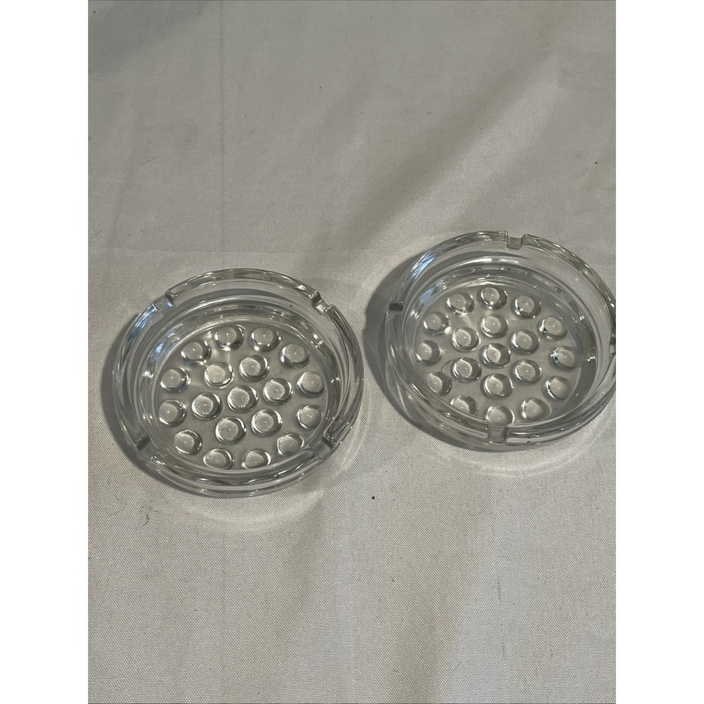 Vintage Set 2- Libbey 4" Nob Hill Clear 4 Slot Round Ashtray Glass Hobnail MCM